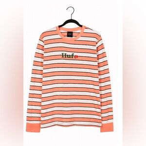 HUF Pullover Tshirt Mens Large Long Sleeves Crew Neck White Coral Stripes Cotton
